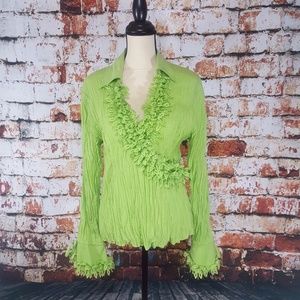 Kaelyn Max green crinkle fabric bell wrist blouse
